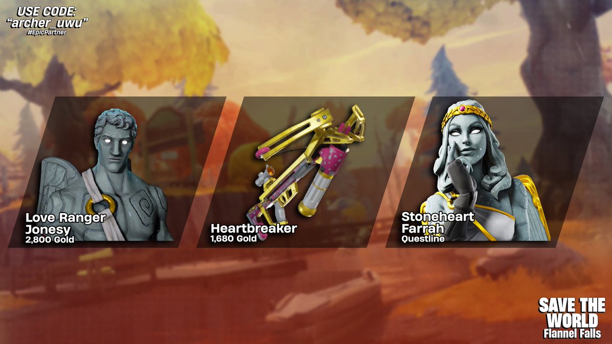 Returning tonight in Save the World

Stoneheart Farrah's questline (No Dancing)

Heartbreaker Crossbow + Love Ranger Jonesy in the Event Shop

Corrected the post from earlier, I accidently put "Fallen" love ranger when its normal love ranger that comes back first, my bad yall