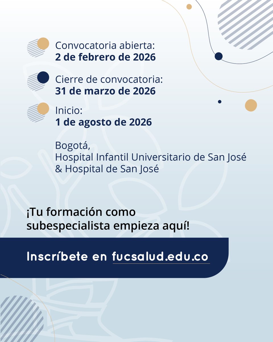 Formarse en ortopedia pediátrica es vivir la patología real, tomar decisiones clínicas y participar en cirugía compleja. La FUCS abre convocatoria para su Fellowship en Ortopedia Pediátrica.
📆2 feb – 31 mar 2026🎓 Inicio: 1/08/26. Inscripciones:
 fucsalud.edu.co/aspirantes/cal…
