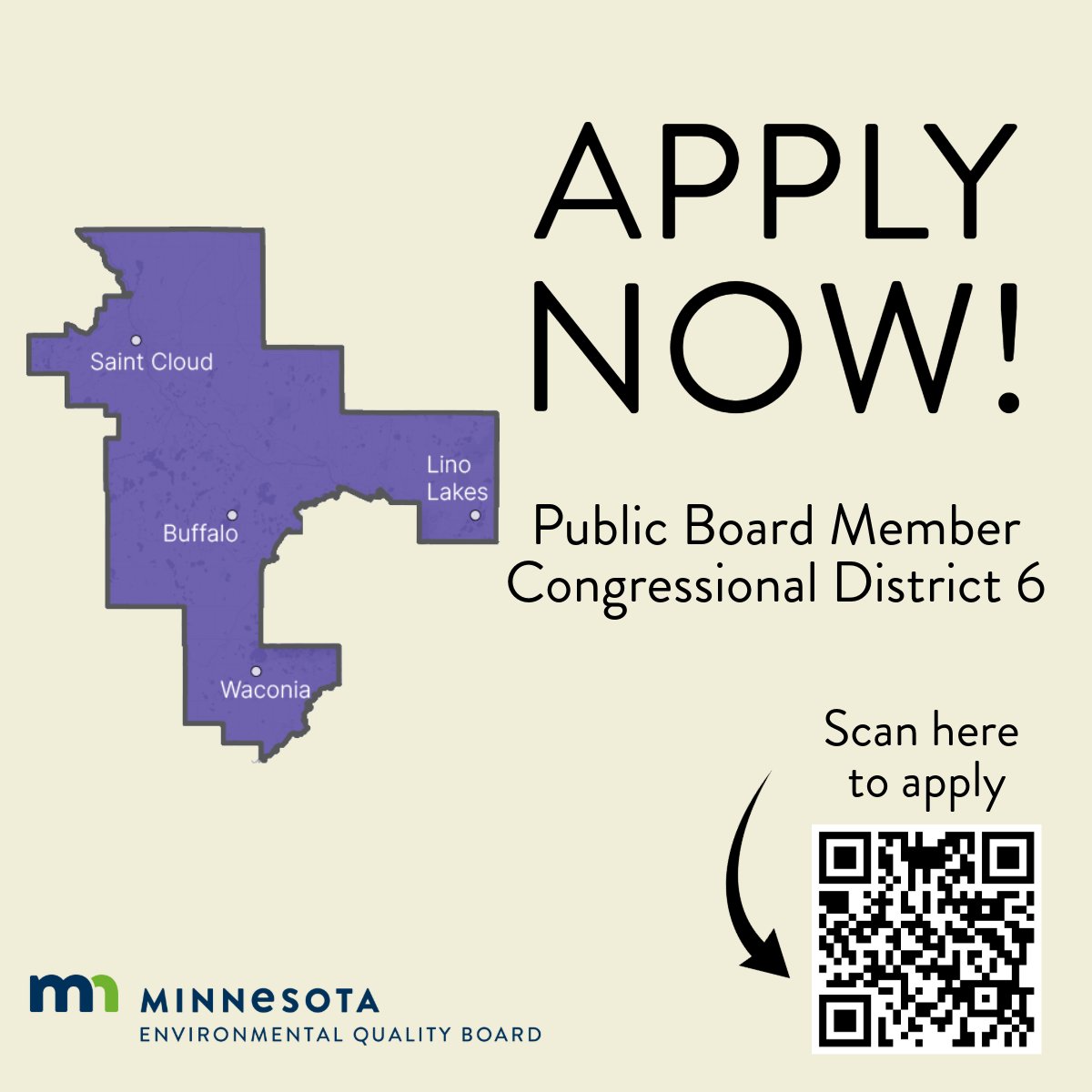 Interested in joining our board as a public member? Applications are open for Minnesota's 6th congressional district which includes most or all of Benton, Carver, Sherburne, Stearns, Wright, and Anoka counties. Apply by February 13 through our website: eqb.state.mn.us/about-us/open-…