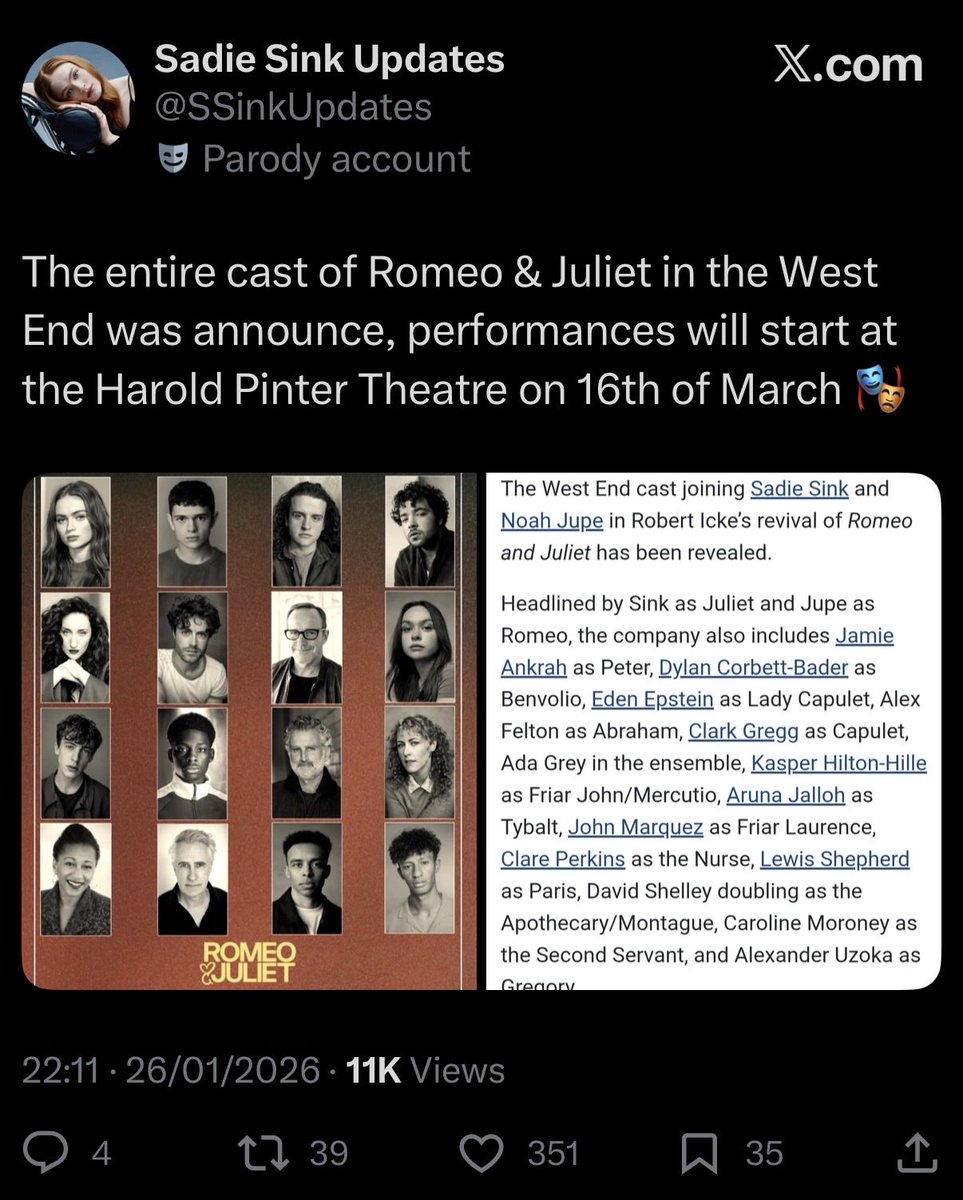Came across this post from <a href="/SSinkUpdates/">Sadie Sink Updates</a>, using the graphic that I created for my Instagram page (TheatreTradge), and it seems they’ve used it without crediting the original creator. Gentle reminder to please make sure that you credit people if you’re using their work! #sadiesink