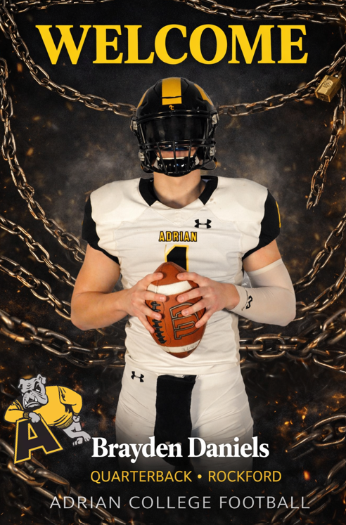 AdrianCollegeFB's tweet photo. Welcome to the Bulldog Family, @BraydenQB11 

#GDTBAB 
#First25 https://t.co/gaCON7xvTZ