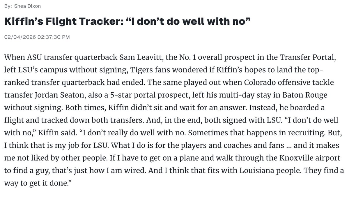 No. 1 transfer QB Sam Leavitt visited LSU, but didn't sign.

Kiffin's answer: fly to them + keep recruiting.

I asked why he's wired different than most coaches in that spot.

"I think that fits with Louisiana people. They find a way to get it done."

➡️: on3.com/teams/lsu-tige…