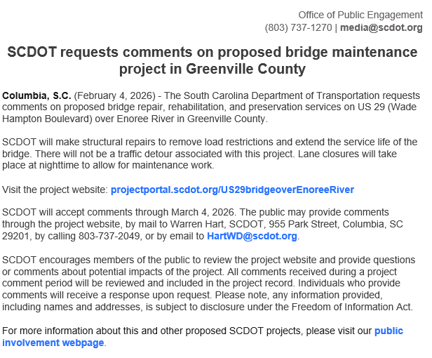 GPATSSC's tweet image. US 29 over Enoree River project website: projectportal.scdot.org/US29bridgeover…
