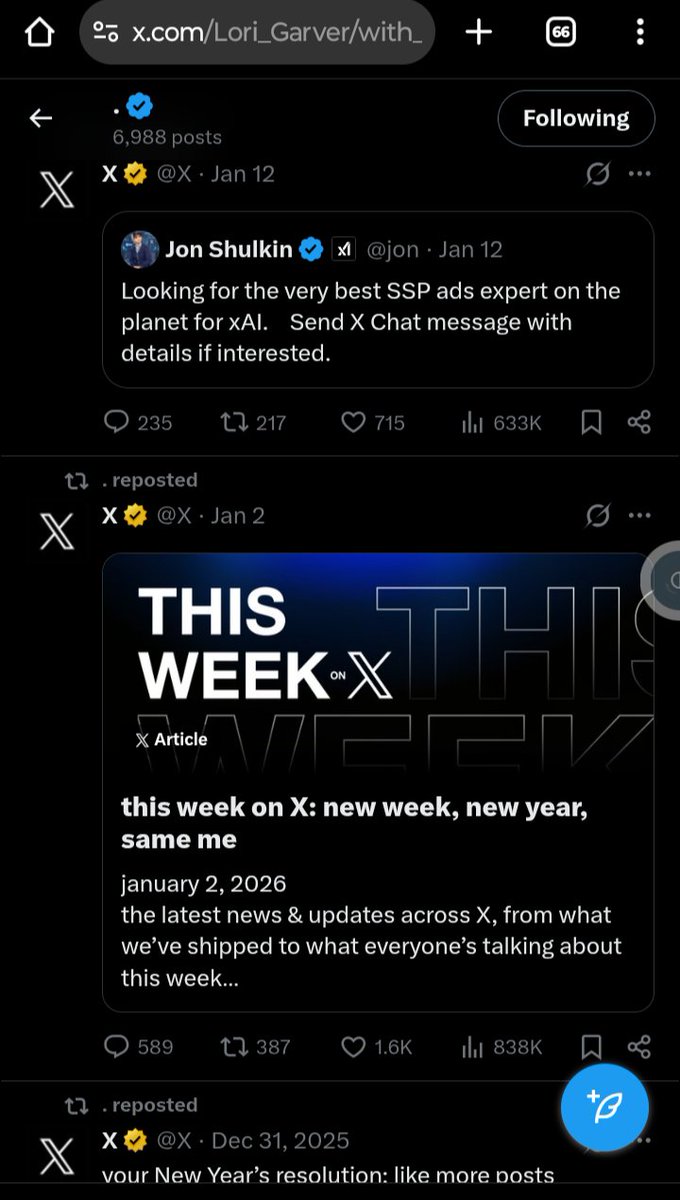 Was <a href="/Lori_Garver/">Lori Garver</a> 's account hijacked around January 23?!? Weirdly, it is mostly reposts of <a href="/X/">X</a>