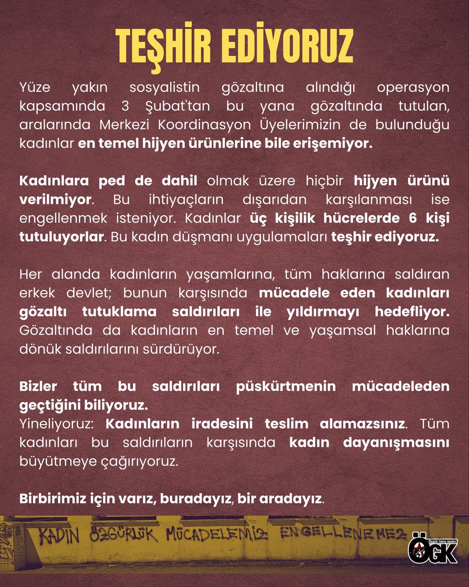 Teşhir Ediyoruz!

Yüze yakın sosyalistin gözaltına alındığı operasyon kapsamında 3 Şubat'tan bu yana gözaltında tutulan, aralarında Merkezi Koordinasyon Üyelerimizin de bulunduğu kadınlar ped de dahil olmak üzere en temel hijyen ürünlerine erişemiyor. 

Tüm kadınları, bu kadın