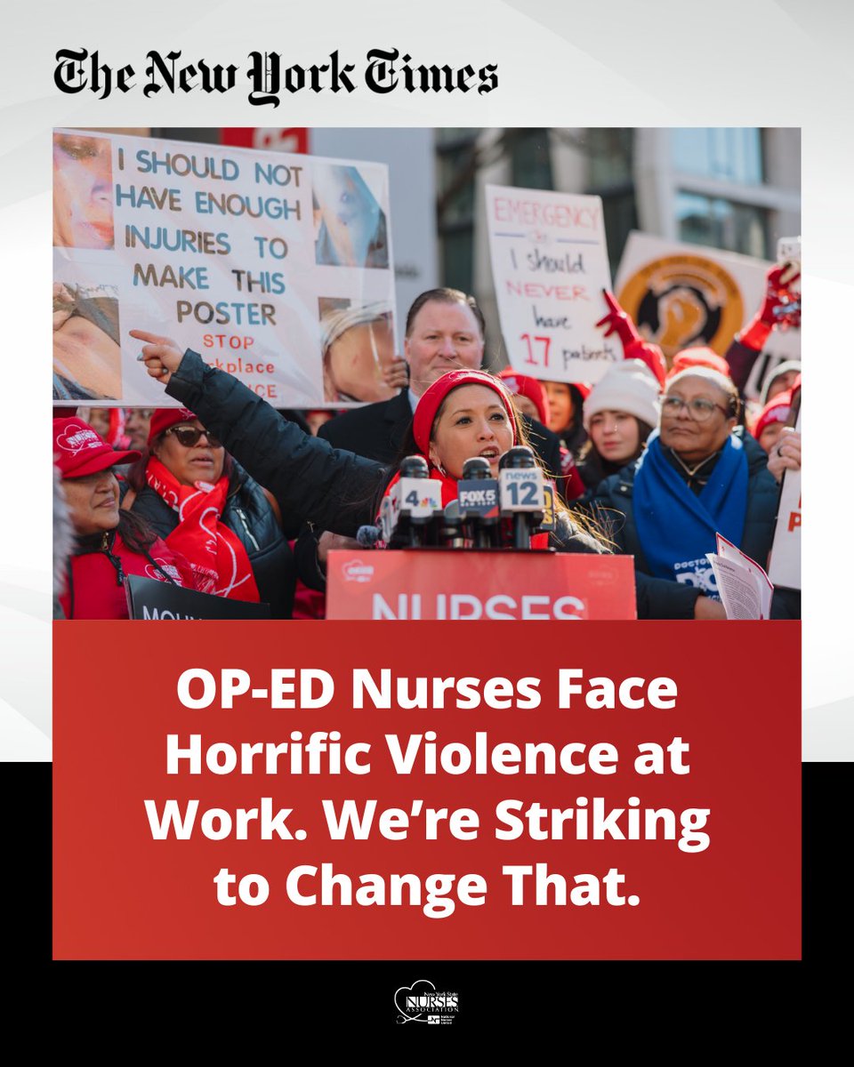 nynurses's tweet image. NYC nurses like Sheryl Ostroff, RN, are fearless, brave, and taking a stand for safety.

They want to keep caring for NY but need CEOs to invest in workplace violence protections and negotiate fair contracts. Check out the latest NYT op-ed by Sheryl.

nytimes.com/2026/02/04/opi…