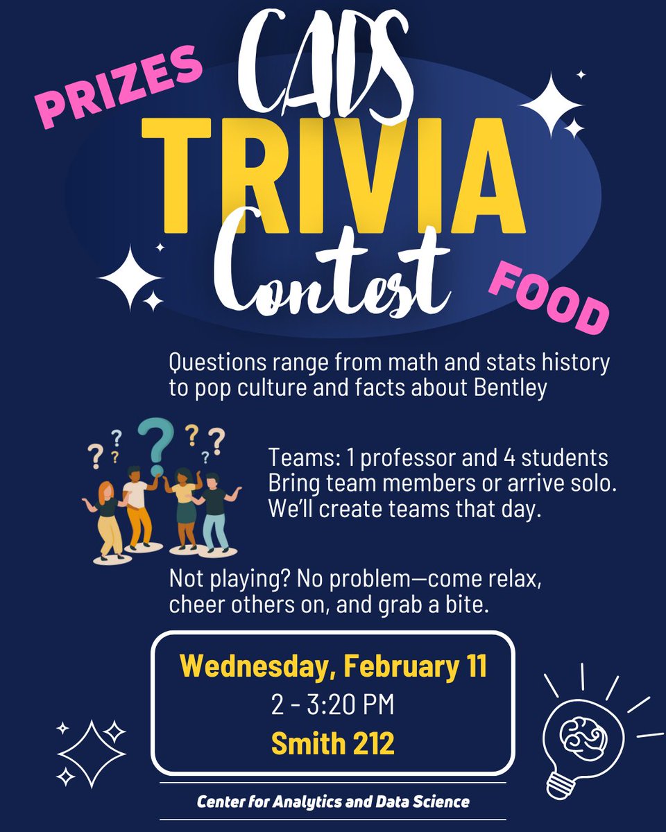 BentleyCADS's tweet photo. CADS Trivia is coming up during Activity Period!

Questions range from math and statistics to pop culture and Bentley facts, with prizes awarded to winning teams. 

📍 Smith 212
🕑 Wed, Feb 11 | 2–3:20 PM

Hope to see you there! https://t.co/ftFAyVrqAy