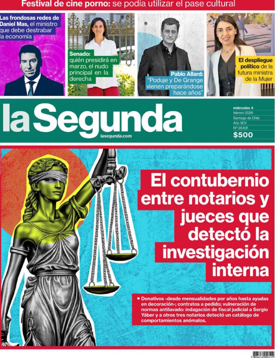 FontirroigPablo's tweet photo. Esta portada de La Segunda confirma lo que Kaiser siempre advirtió: el Poder Judicial es un nido de "contubernios". Mientras Kast pide "viabilidad", Kaiser propone cirugía mayor para extirpar este cáncer de notarios y jueces corruptos. ¡No es gestión, es refundación! ⚖️🔥 https://t.co/6SH7v50p2o