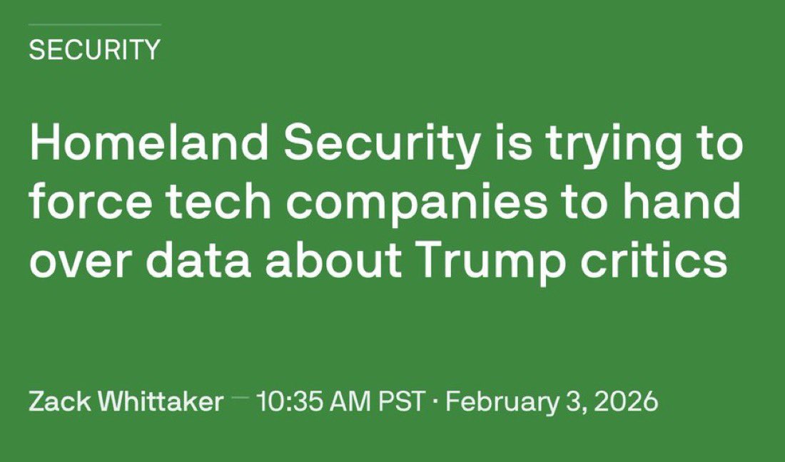 TPV_John's tweet image. Homeland Security is trying to force tech companies to hand over data about Trump critics 😳🚨⚠️

Read that again, slowly, and realize the HORRIFIC precedent that is being set…

The Trump admin is carrying over the SAME TOTALITARIAN practices from the Biden admin, just…