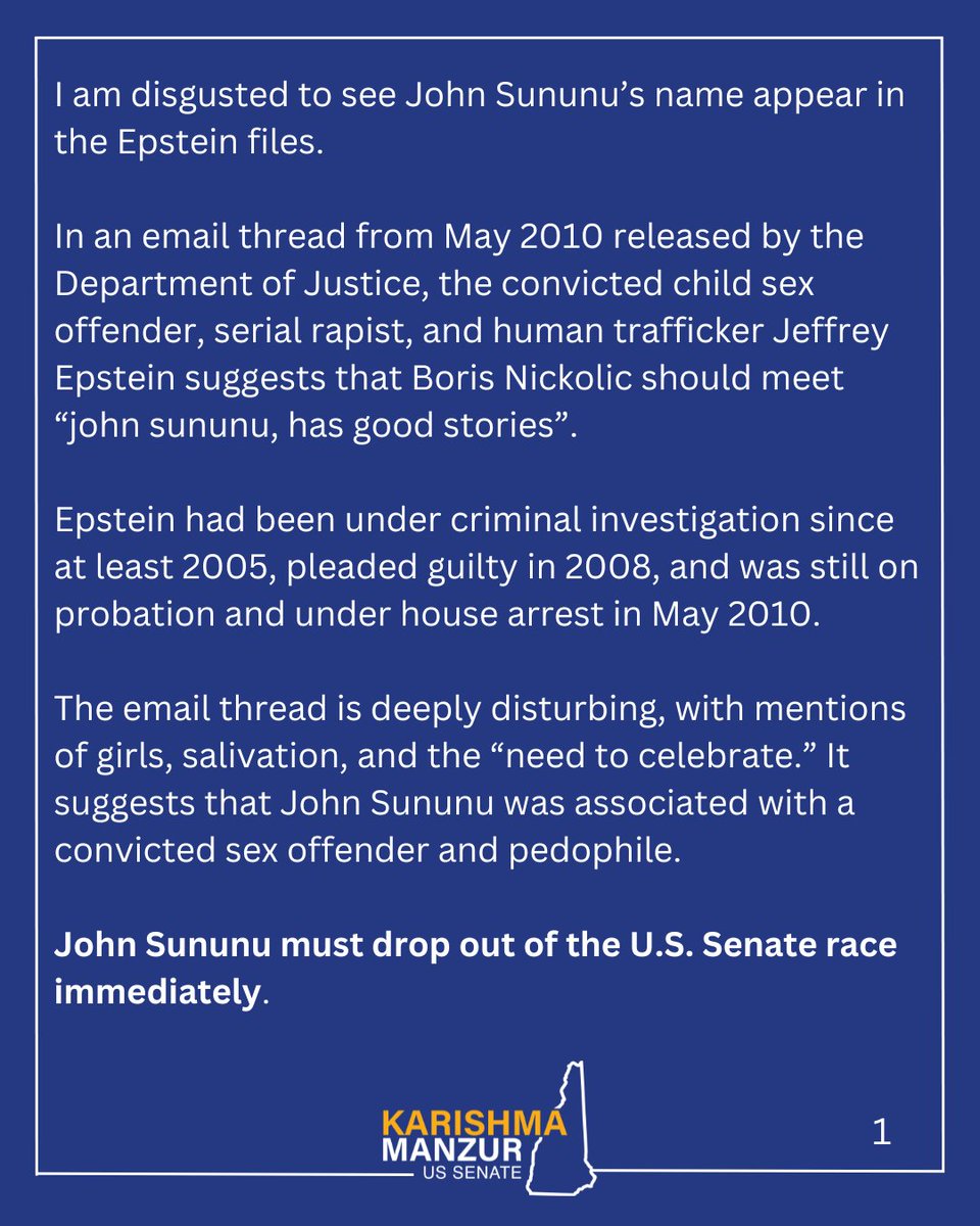Karishma4Senate's tweet image. John Sununu must drop out of the U.S. Senate race immediately. #nhpolitics