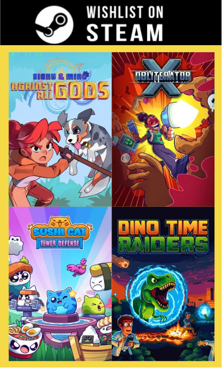 ArmorGames's tweet image. ⭐ WISHLIST WEDNESDAY ⭐

Four games. One mission.
Helping you Add to Your Wishlist Today!
🔥 Signy &amp;amp; Mino: Against All Gods
💥 Obliterator-X
🍣 Sushi Cat – Tower Defense
🦖 Dino Time Raiders

👉 Wishlist now on Steam:
store.steampowered.com/publisher/armo…

 #IndieGames #Gaming #flashgames