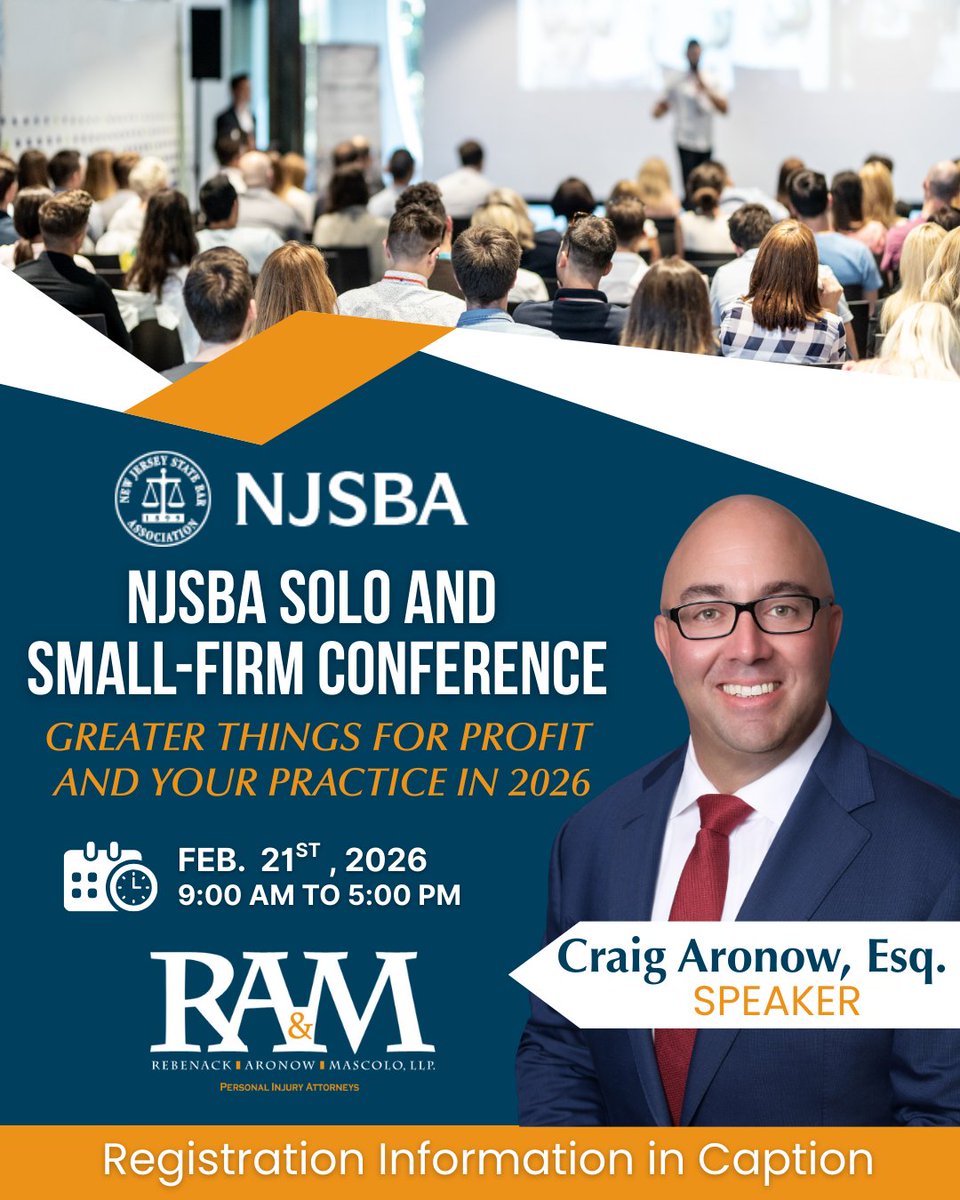 We’re proud to share that RAM Law partner Craig Aronow will be speaking at the 1:00 PM panel during the NJSBA Solo and Small Firm Conference Greater Things for Profit and Your Practice in 2026.

Learn more and register here:
njsba.com/njicle/cle-pro…