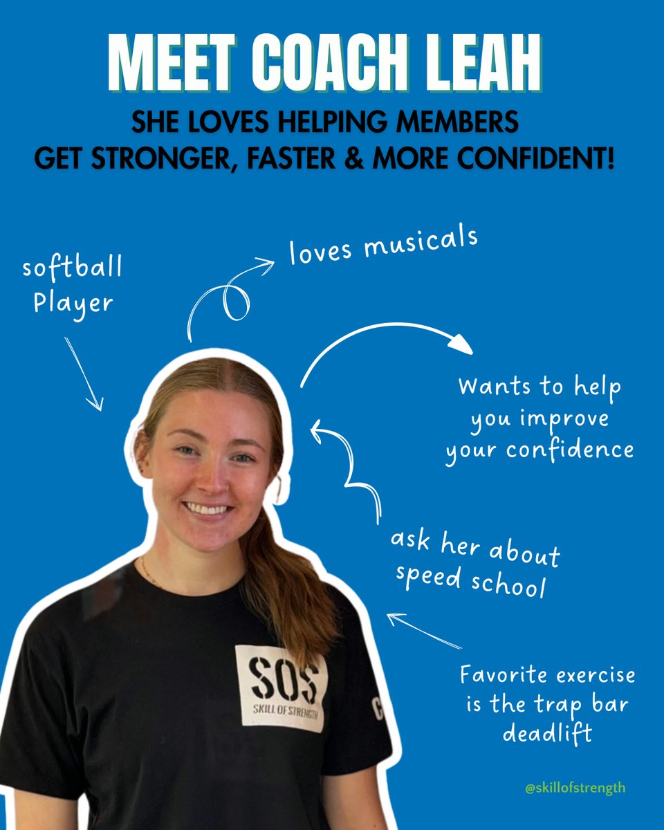 skillofstrength's tweet image. Meet coach Leah!

Her favorite part about coaching is seeing clients progress over time and watching their confidence grow. She loves working with youth athletes who are passionate about...
#strenghandconditioning #personaltraining #softballcoaching #chelmsfordma #skillofstrength