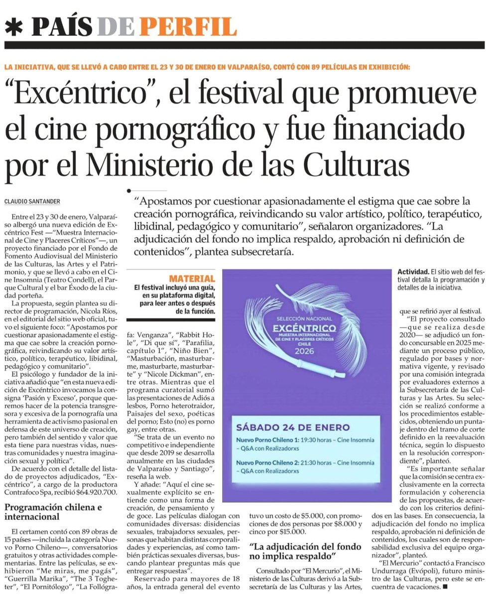 carlosalvear's tweet photo. El gobierno demuestra donde estan sus prioridades; entrega 64 millones d pesos p financiar Festival de Cine Pornográfico en Valparaíso y x otro lado niega fondos a la Orquesta 🪉 Infanto-Juvenil de la Corporación La Matriz de Valparaíso del Barrio Puerto. Y el interés superior? https://t.co/ZV43PXMC95