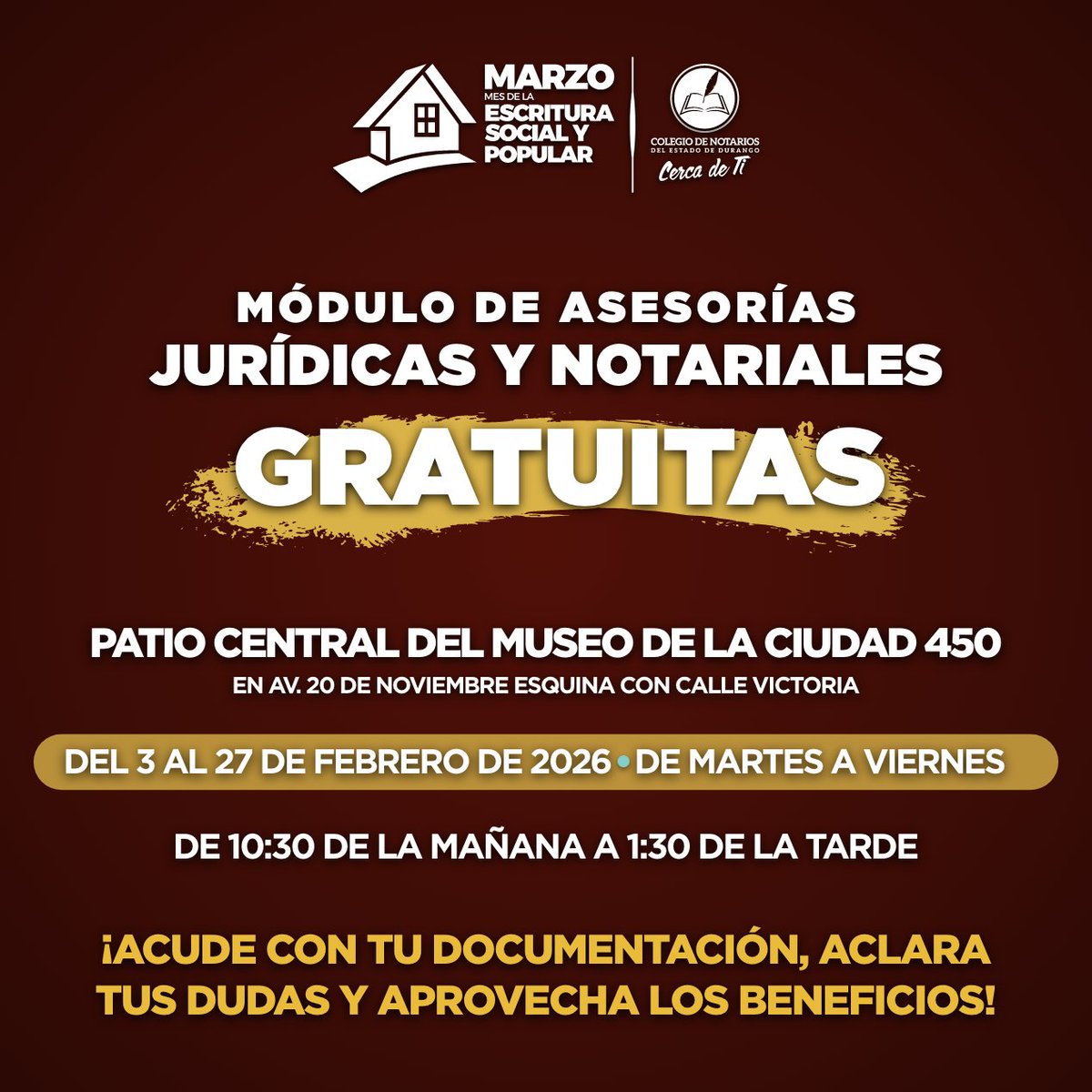 NotariosDurango's tweet photo. Continuamos con las Jornada de Asesorías Jurídicas y Notariales Gratuitas 2026, en coordinación con la @SGGDurango @DurangoCap y el Bufete Jurídico “Benito Juárez” de la @FADERyCIPOL.

#NotariadoDurango
#CercaDeTi 

@parralperez @notariadomex @gobdgo @HectorVelaV https://t.co/ArTKwXAYba