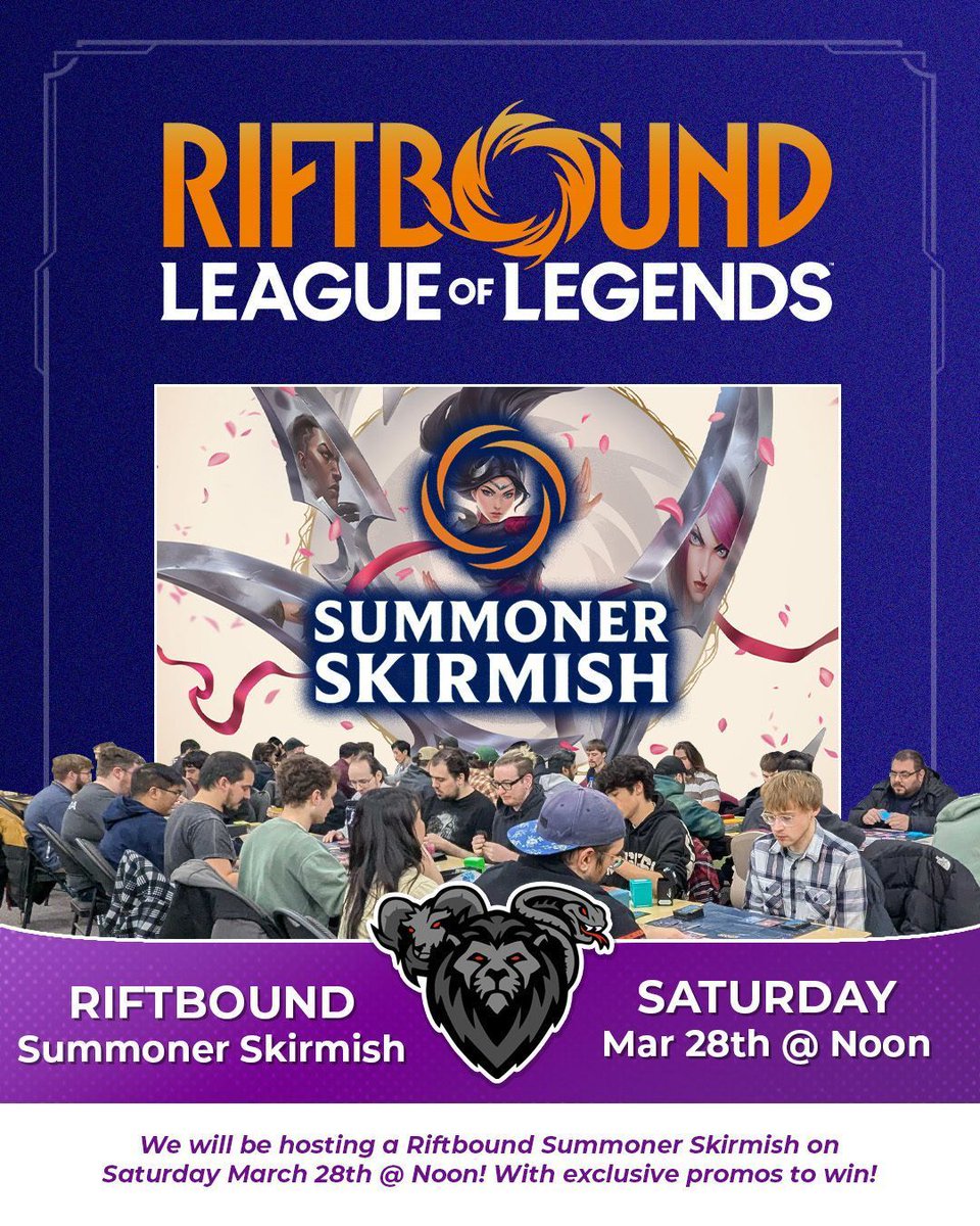 🔥 Riftbound: Summoner Skirmish returns! 🔥

Join us March 28th at Noon for the first-ever Spiritforged Summoner Skirmish at Chimera Gaming!

🎟️ Tickets available now, secure your spot and prepare for battle!

buff.ly/MS2jA9Y 

#Riftbound #SummonerSkirmish #Spiritforged