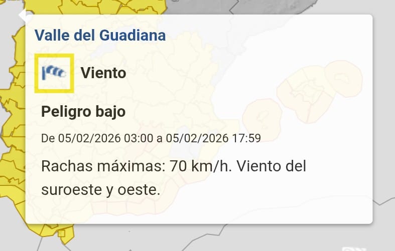 ⚠️ALERTA NIVEL AMARILLO⚠️

🌬️🍃AEMET informa: aviso nivel amarillo por viento para el Valle del Guadiana (Ciudad Real) por rachas máximas de 70 km/h. 

🗓️Hora inicio: 03:00 h del 05/02/2026.
🗓️Hora fin: 18:00 h del 05/02/2025.