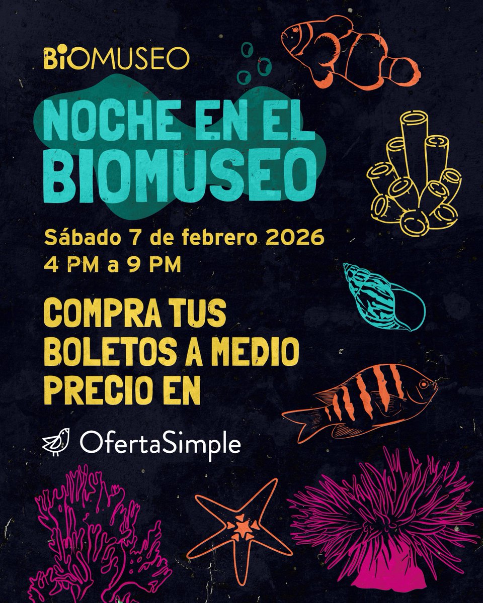 biomuseo's tweet photo. Acompáñanos este sábado 7 de febrero a una Noche en el Biomuseo
🎟️Aprovecha los boletos a 50% de descuento en @OfertaSimplePTY

Sumérgete en una noche mágica con:
🐠Peces invitados, inmersión de buzos, observaciones astronómicas, música, juegos, comida y más.

¡Te esperamos! https://t.co/BKF2tA9Xis