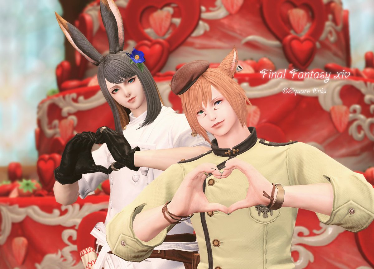 LeoUtsr_FF14's tweet photo. 昨日はロイさんとケーキ作りしてきた！
ID入る前にさっとお洋服を合わせてくれるのさすがすぎました🥺💕
エリアも曲も可愛い！嬉しそうな２人も可愛い🥰
#おはミコ #おはウサ #FF14SS https://t.co/a3KNiIgGuF
