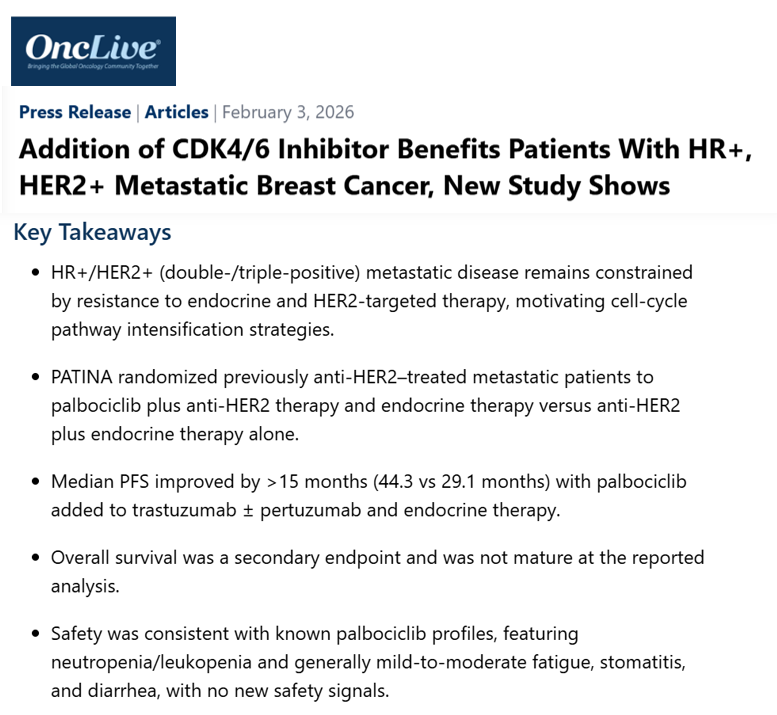 DFCI_BreastOnc's tweet image. Dr. Otto Metzger (@Otto_DFCI) discusses the #PATINA trial which showed that #palbociclib added to anti-HER2 plus endocrine maintenance prolongs PFS by 15+ months in HR+, HER2+ #MetastaticBreastCancer.
onclive.com/view/addition-…