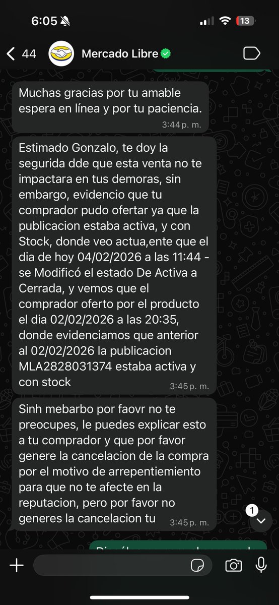 sofialivoncarp's tweet photo. @ML_Argentina EL DÍA DE HOY SU SISTEMA TUVO FALLAS E INGRESARON UNA VENTA QUE YA ESTABA DESACTIVADA diciendo que le compra se había echo el 2/2 y a mí me llegó el 4/2 a las 12:44 y ya había dado la baja de stock muchísimo antes, obviamente como no sabía que esto podía suceder… https://t.co/KNS72ho2W3