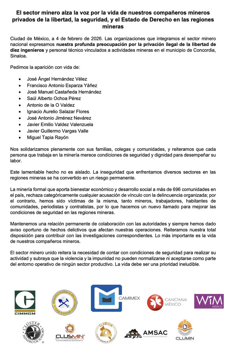 #COMUNICADO
El sector minero alza la voz por la vida de nuestros compañeros mineros privados de la libertad, la seguridad, y el Estado de Derecho en las regiones mineras

Las organizaciones que integramos el sector minero nacional expresamos nuestra profunda preocupación por la