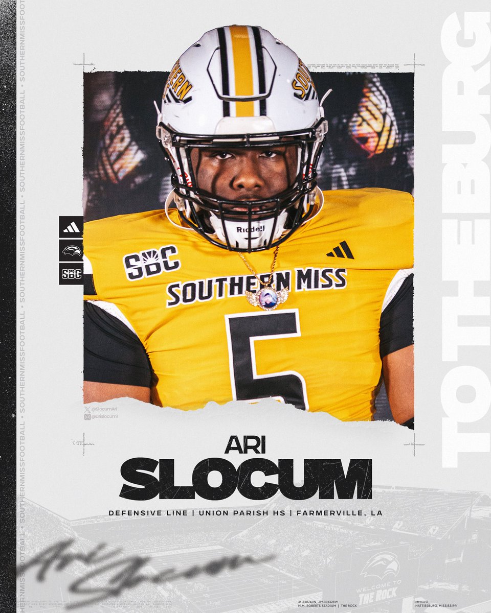 SouthernMissFB's tweet image. Got a Golden Eagle 🔝 

➡️  @SlocumAri 

#ToTheTop26 | #SMTTT