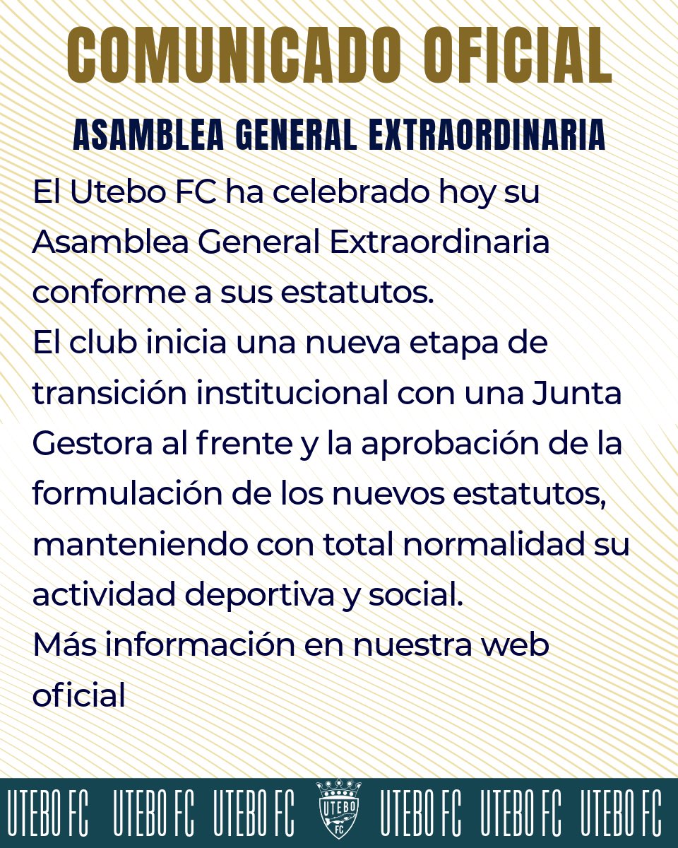 UteboFC's tweet photo. COMUNICADO OFICIAL

Utebo FC ha celebrado su Asamblea General Extraordinaria conforme a estatutos.
El club inicia una nueva etapa de transición institucional, manteniendo con normalidad su actividad deportiva y social.

ℹ️ Más información en nuestra web oficial. https://t.co/62biujCjQS