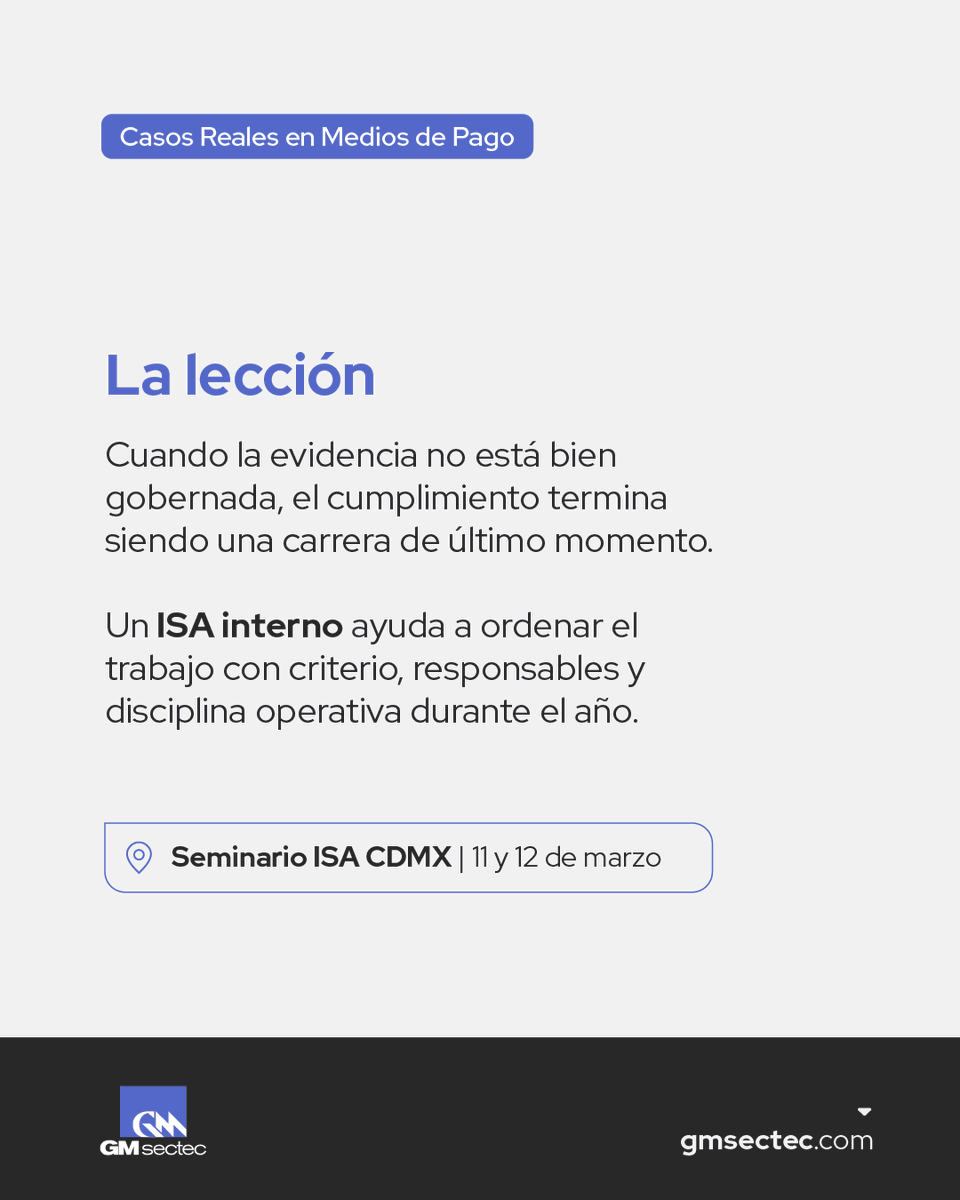 Los controles existían, pero la evidencia no estaba lista cuando tocó demostrarla. Ahí es donde el cumplimiento se vuelve pesado. 😓

👉🏼 Un ISA interno ayuda a que el equipo trabaje PCI DSS con un método más estable, con responsables claros y evidencia consistente.

#GMsectec