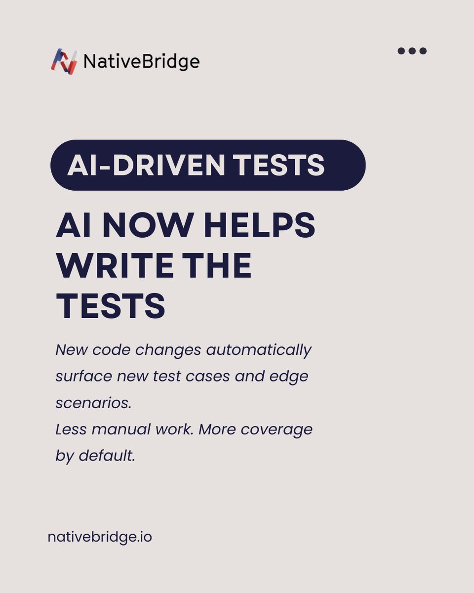 NativeBridge_io's tweet photo. AI isn’t replacing QA.
It’s helping teams ship faster with smarter testing.

From AI-generated test cases to predictive insights and real-device validation, modern QA is shifting from execution to intelligence. Less repetition. 

Faster pipelines. Better confidence before release https://t.co/uqwDfWZc7z
