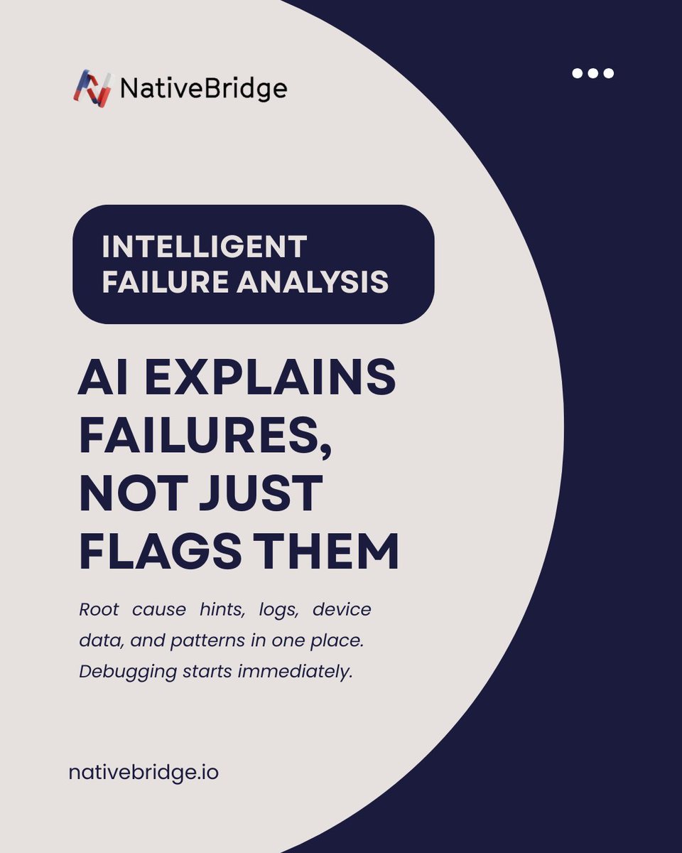 NativeBridge_io's tweet photo. AI isn’t replacing QA.
It’s helping teams ship faster with smarter testing.

From AI-generated test cases to predictive insights and real-device validation, modern QA is shifting from execution to intelligence. Less repetition. 

Faster pipelines. Better confidence before release https://t.co/uqwDfWZc7z