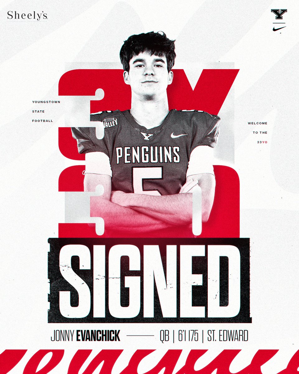 𝙎𝙄𝙂𝙉𝙀𝘿! 🖊🐧🏈

Welcome to Youngstown, Jonny!

𝐉𝐨𝐧𝐧𝐲 𝐄𝐯𝐚𝐧𝐜𝐡𝐢𝐜𝐤
Quarterback
Cleveland, Ohio
St. Edward High School

#GoGuins // #33YO