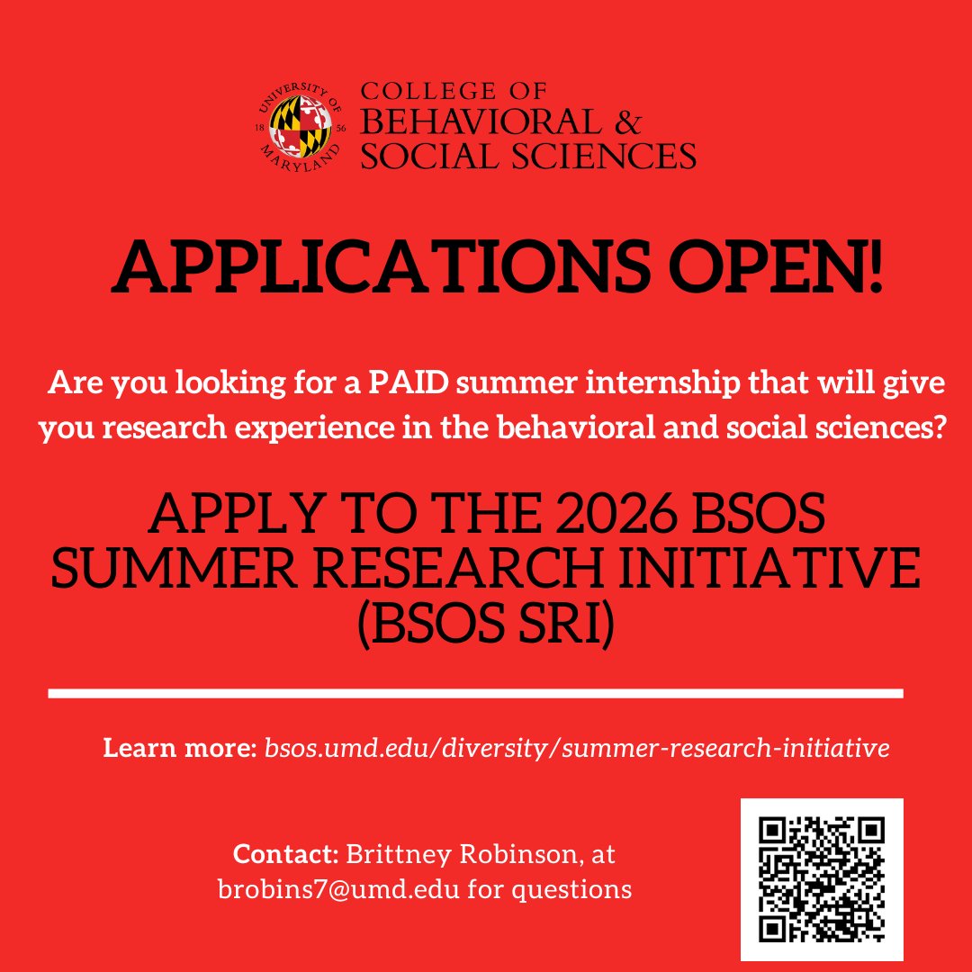 bsosumd's tweet photo. Are you interested in research and looking for a PAID summer internship in BSOS? Apply to the 2026 BSOS Summer Research Initiative by Feb. 10, or email program coordinator Brittney Robinson at brobins7@umd.edu if you need additional time. 

Learn more at https://t.co/wdBV5caoJ2. https://t.co/xm8Rx9u5oI