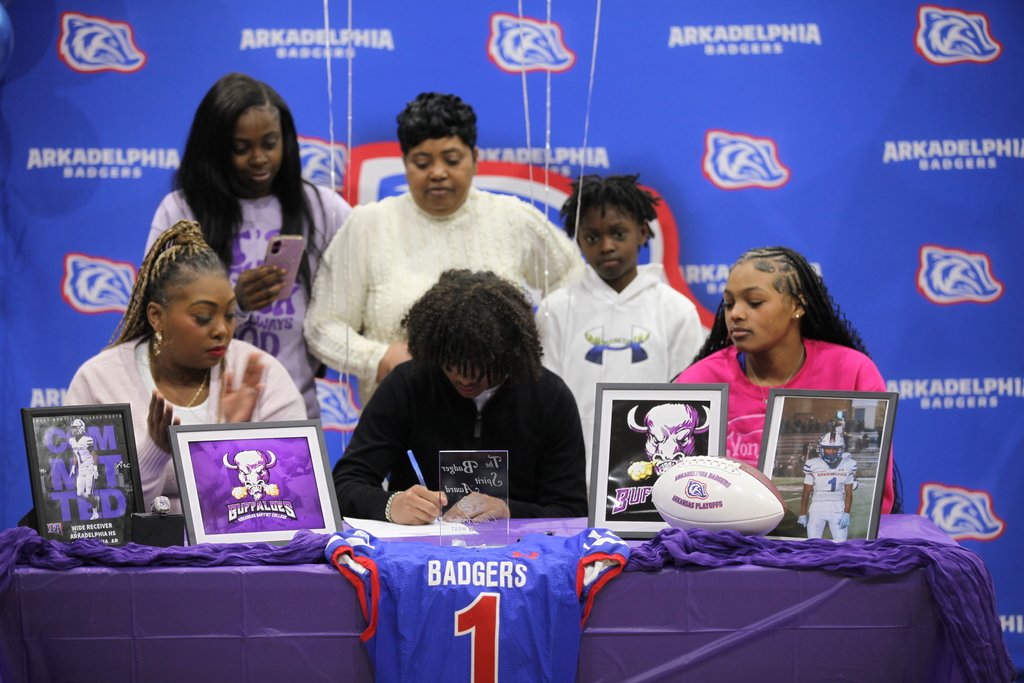 APSD_News's tweet photo. This morning, eight Arkadelphia Badger Football Seniors signed a National Letter of Intent to participate in collegiate athletics. We are proud of our football program under the leadership of Coach Trey Schucker. Congratulations to each of these student-athletes! 
#BadgerPride https://t.co/D87JghA8Fa