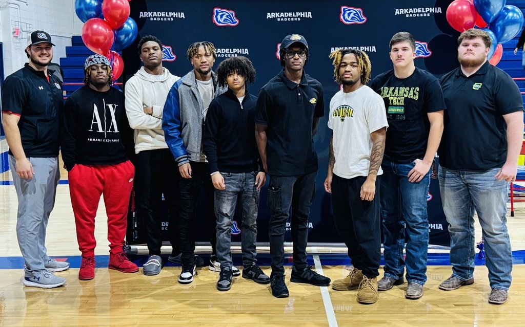APSD_News's tweet photo. This morning, eight Arkadelphia Badger Football Seniors signed a National Letter of Intent to participate in collegiate athletics. We are proud of our football program under the leadership of Coach Trey Schucker. Congratulations to each of these student-athletes! 
#BadgerPride https://t.co/D87JghA8Fa