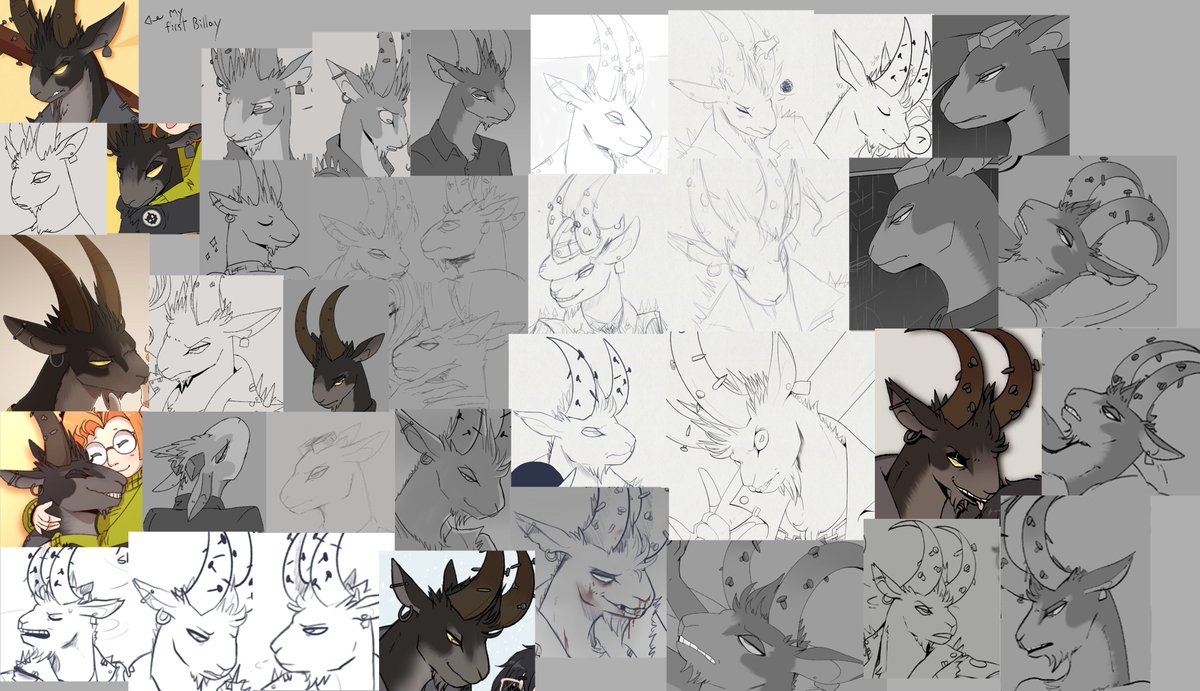 A collage of all my prominent Billy pieces so I can take a look at how immensely inconsistent I am whenever I draw his face lol