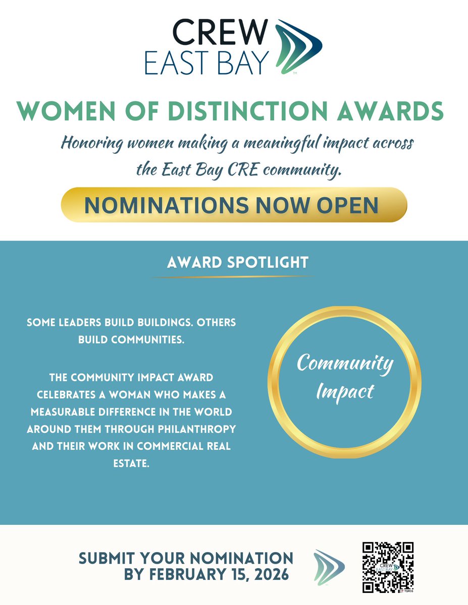 Nominations are now open for the CREW EB Women of Distinction Awards!

We're spotlighting the Community Impact Award, honoring a woman who makes a difference in the world around them through their work in CRE. 

Nominations are due February 15, 2026. 
forms.gle/BxK1614jMNWaUj…
