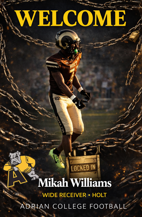 Holt 2026 WR/CB/OLB Mikah Williams has committed to Adrian

football.thedzone.com/players/mikah-…

<a href="/HoltAthletics/">Holt Athletics</a> <a href="/holtramfootball/">Holt Football</a> <a href="/AdrianCollegeFB/">Adrian College Football</a> <a href="/WilliamsMikah7/">Mikah Williams</a>