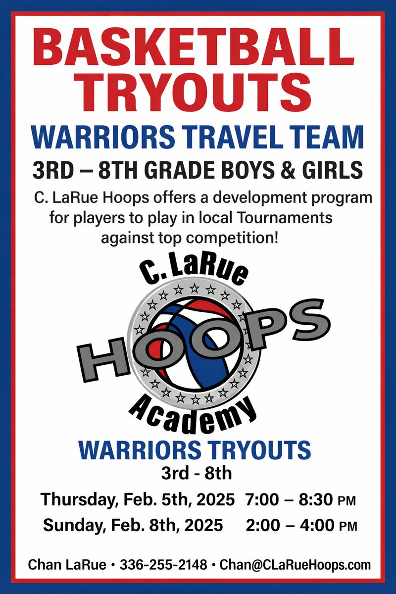 ChanLaRue's tweet photo. C. LaRue Hoops Travel team tryouts!

Thursday 2/5 7-8:30
Sunday 2/8 2-4

Boys &amp; Girls 3rd - 8th
Fitness Center Kernersville
#Basketball  #basketballtraining #basketballtravelteam #basketballislife #basketballskilldevelopment https://t.co/dl3tlYogaY
