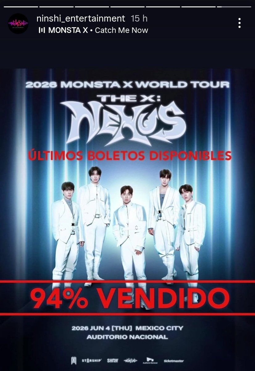 centralmonbebe's tweet image. [INFO]

A Ninshi Entertainment publicou nos stories do Instagram que 97% dos ingressos do show de Monterrey e 94% do show da Cidade do México já foram vendidos!!! 🔥

Seguimos no aguardo de mais informações sobre o show no Brasil. 

#MONSTAX #몬스타엑스
#MONSTAX_THEX_NEXUS