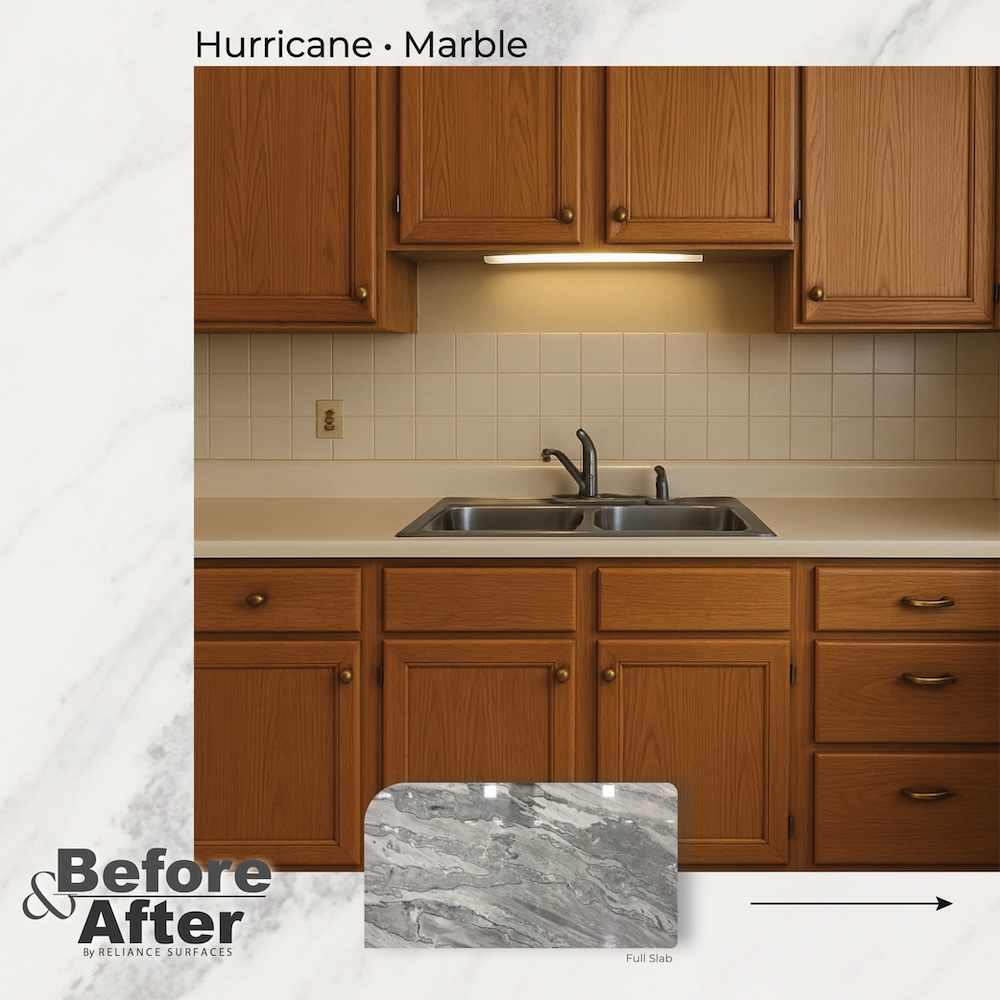 RelianceStones's tweet photo. Every space has a past and the potential for a new chapter. From an outdated kitchen to a refined, modern transformation, this before and after reveals how hurricane marble brings movement, elegance and character. Reliance Surfaces • Surfaces that tell a story https://t.co/1AOwEnfJtc