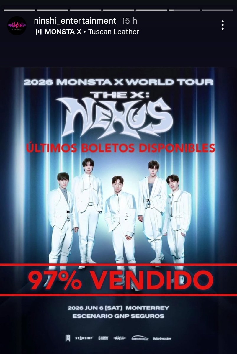 centralmonbebe's tweet image. [INFO]

A Ninshi Entertainment publicou nos stories do Instagram que 97% dos ingressos do show de Monterrey e 94% do show da Cidade do México já foram vendidos!!! 🔥

Seguimos no aguardo de mais informações sobre o show no Brasil. 

#MONSTAX #몬스타엑스
#MONSTAX_THEX_NEXUS