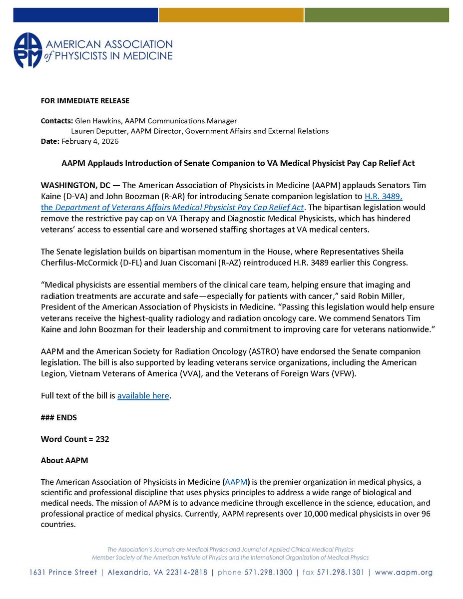 aapmHQ's tweet photo. AAPM applauds Sens. Tim Kaine &amp; John Boozman for introducing bipartisan Senate companion legislation to the VA Medical Physicist Pay Cap Relief Act—an important step toward improving veterans’ access to essential care. Read the press release: https://t.co/W9fb2chC5q https://t.co/06p16WUZs2