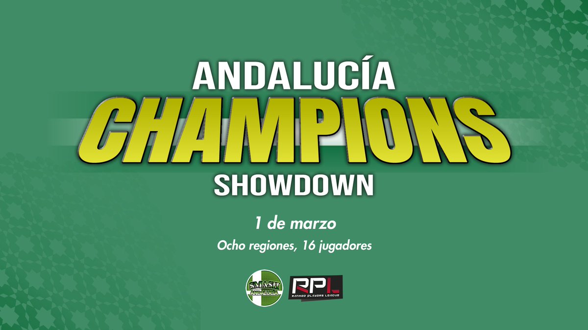 Smash Bros. Andalucía en colaboración con <a href="/RankedPlayers/">RP League</a> presenta:

🏆 ANDALUCÍA CHAMPIONS SHOWDOWN 2026 🏆

1 de marzo. Un torneo online invitacional de 16 jugadores de las ocho regiones andaluzas.

Ocho clasificatorios, ¡participa en el de tu región y accede a la fase final!