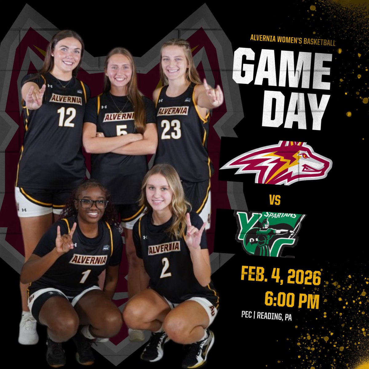 AlverniaWbb's tweet photo. GAME DAY!! The Golden Wolves will take on the Spartans of York College of PA. Tip-off is at 6:00 PM #auwbb #goldenwolves #earsup https://t.co/pmHTpt4fMB