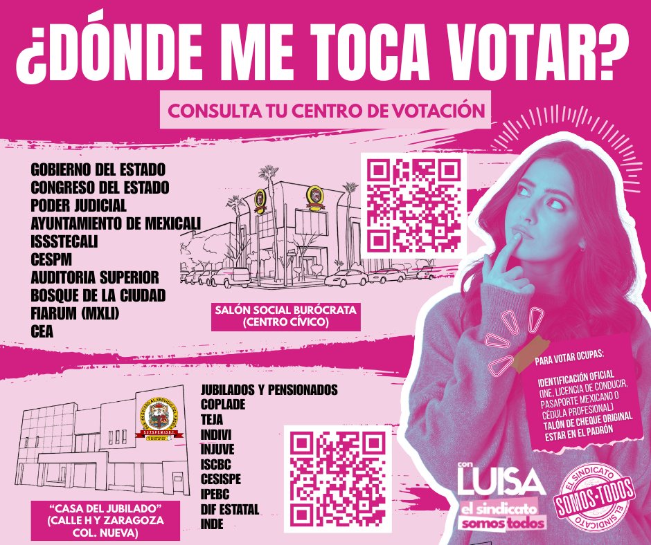 ConLuisaSi's tweet photo. Ya están definidos los centros de votación.
Revisa que estés en el padrón y ubica dónde te toca votar.
Dudas: oficinas sindicales o Colegio de Elecciones Sindicales.
Este 12 de febrero, vota informado y sin presiones.
 Vota libre. Vota Magenta. https://t.co/cjkvvwcbwW