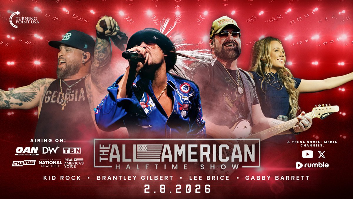 OANN's tweet photo. Watch Kid Rock, Brantley Gilbert, Lee Brice and Gabby Barrett during "The All American Half Time Show" this Sunday on OAN. https://t.co/x8DthcXmsq