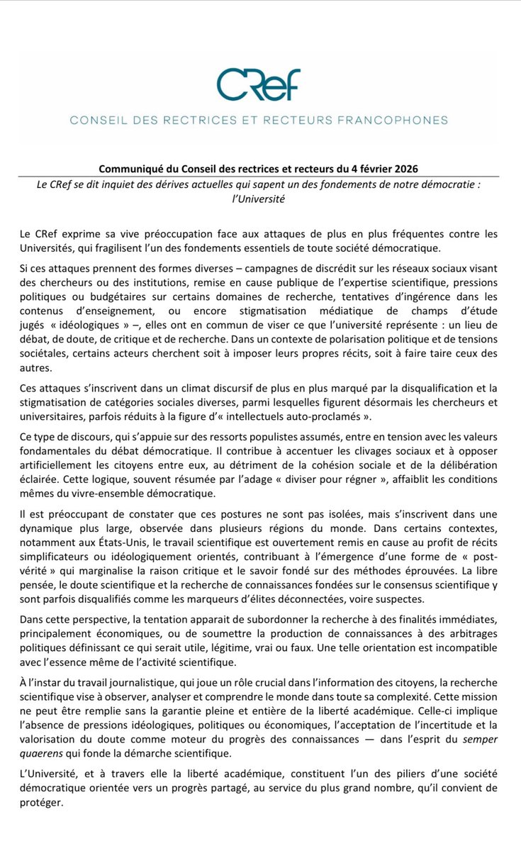 FredericDaerden's tweet photo. « À l’instar du travail journalistique, qui joue un rôle crucial …, la recherche
scientifique vise à observer, analyser et comprendre le monde dans toute sa complexité. Cette mission
ne peut être remplie sans la garantie pleine et entière de la liberté académique ». #CREF https://t.co/gmJmYk32pT
