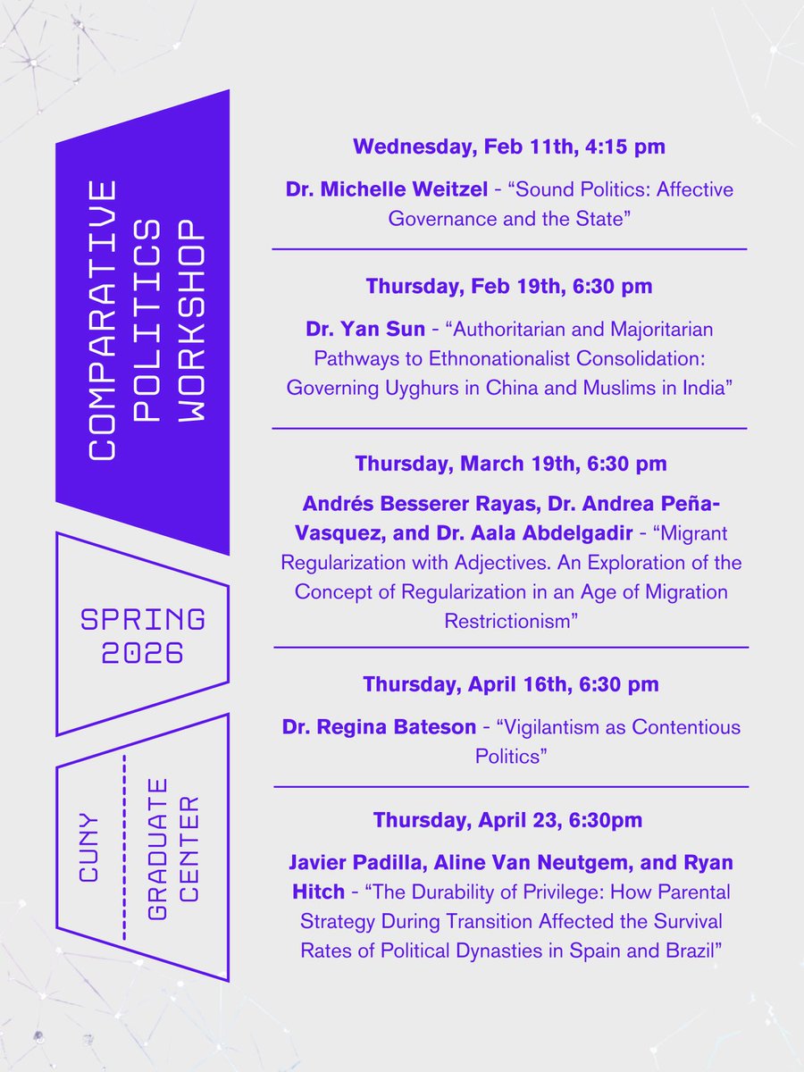 CPWorkshop's tweet photo. Announcing the Spring 2026 Schedule!

This semester we have varieties of paper topics and presenters, ranging from out students to faculty members.

Come and join us on Thursday 6:30 pm! (Except the first session on Wednesday.) https://t.co/n8BgrNkBpJ