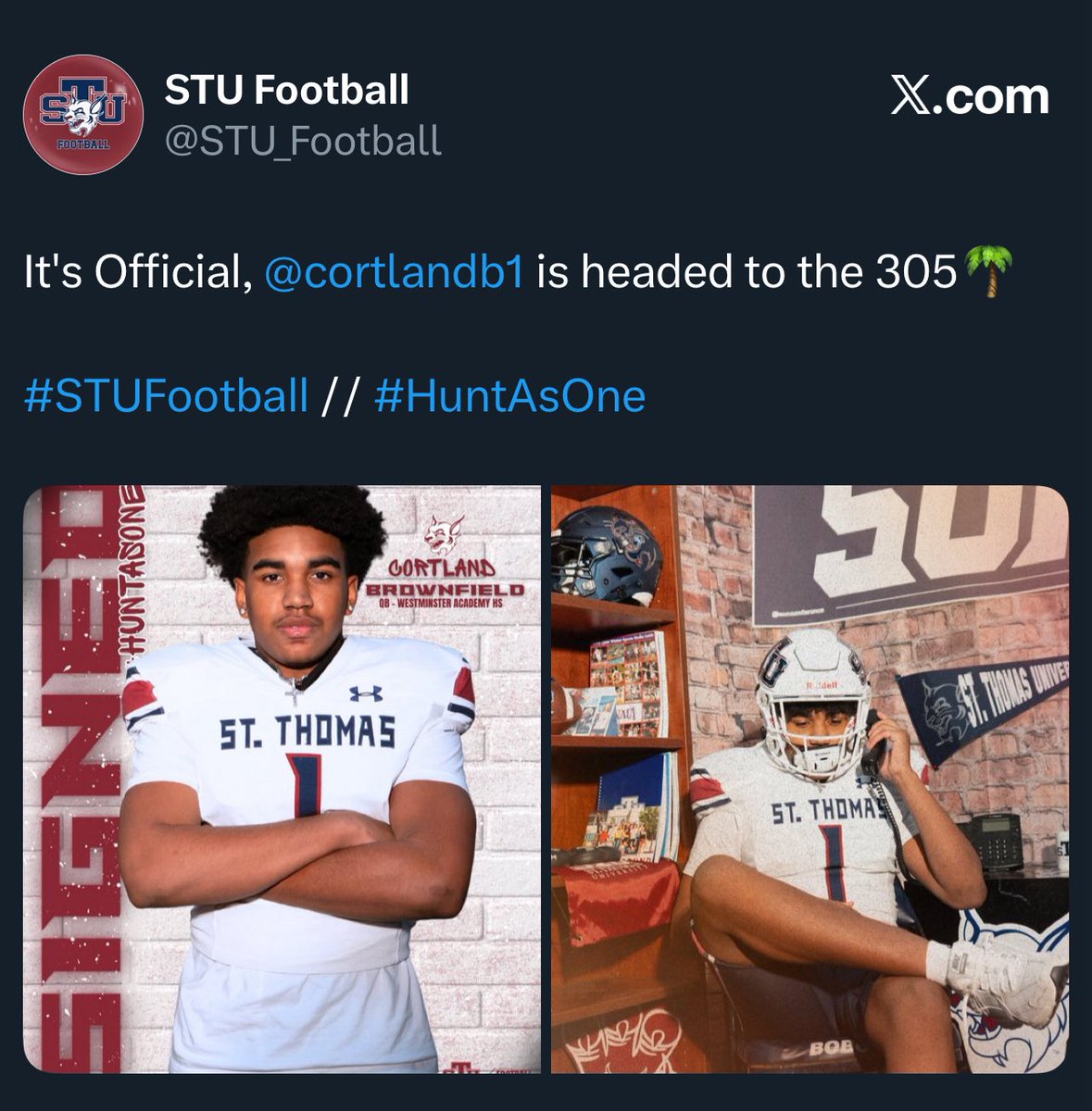 cortlandb1's tweet photo. Blessed for the opportunity to continue my journey at STU.
The work is just getting started.

#STUFootball #HuntAsOne #305 #QBLife #NextChapter

@CoachDrewDavis 
@ehoff23 @WALionsFB @MattKnick @CBROWNFIELD84 @kreamelite @kreamglobal @LawrenceBl83397 @coachkhalilp @_SidneyPorter_ @CoachDrewDavis @_SidneyPorter_ @FLHSRecruiting @jaLon_hudgins2 @ExpoRecruits @PrepRedzoneFL @MarcusRandall19 @GeorgeBarbar @wbreaux @shelmire23 @CoachDanny10 @TramonDouglas